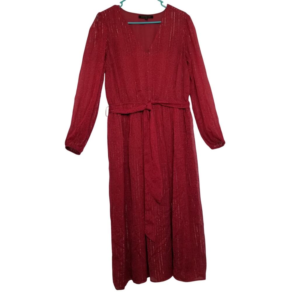 Downeast Maroon Women's Sheer Dress Gold Thread Running Through it V-Neck Size L